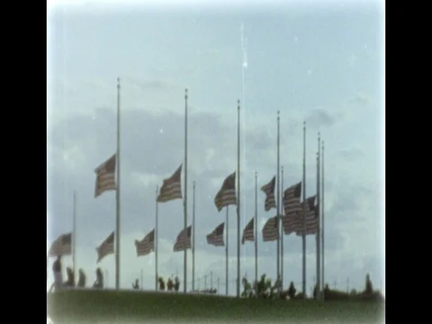 Flags at half-staff, Washington Monument. 8mm film footage. Stock Footage 75230912