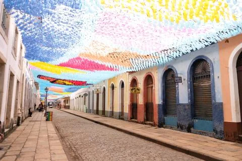 Flags hanging in the streets of so luis do maranhao for the festival of sao j Stock Photos