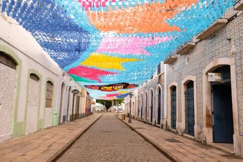 Flags hanging in the streets of so luis do maranhao for the festival of sao j Stock Photos