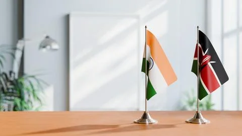 FLAGS OF INDIA And KENYA ON TABLE Stock Photos