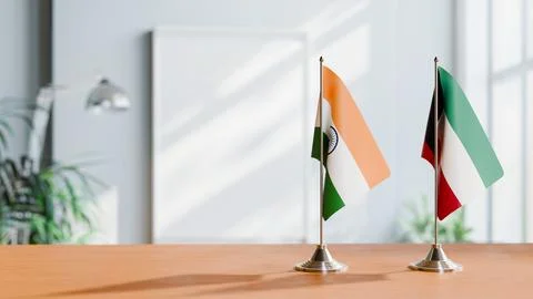 FLAGS OF INDIA And KUWAIT ON TABLE Stock Photos