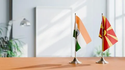 FLAGS OF INDIA And MACEDONIA ON TABLE Stock Photos