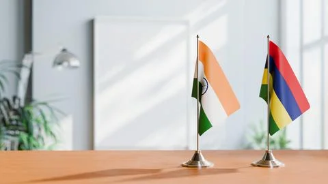 FLAGS OF INDIA And MAURITIUS ON TABLE Stock Photos