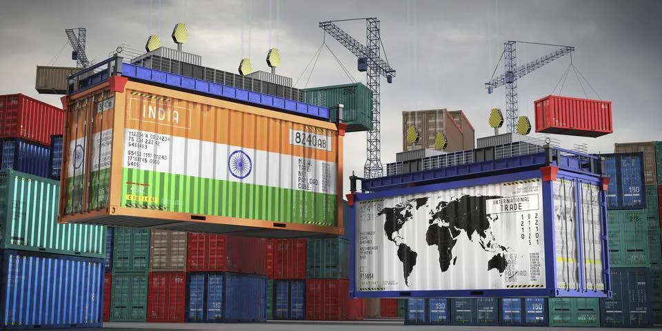 Flags of India and world map on cargo containers Stock Illustration