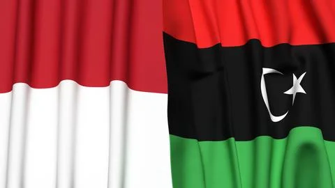Flags of INDONESIA and LIBYA with realistic cloth texture Stock Illustration