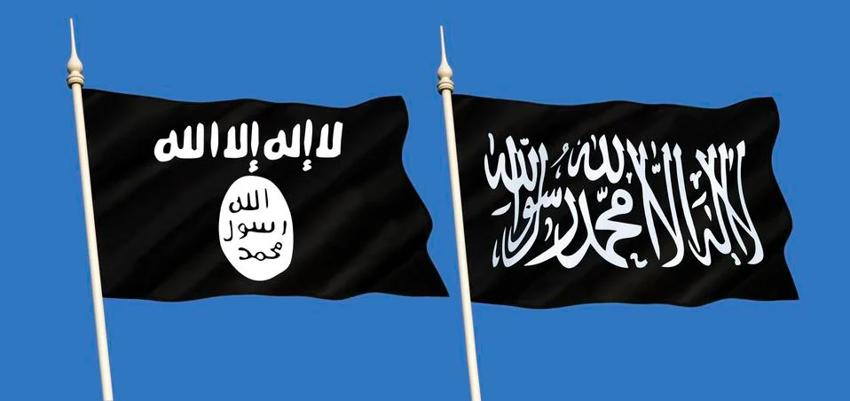 Flags of Islamic State - ISIS or ISIL and Al-Qaeda Stock Photos