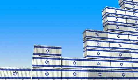 Flags of Israel on cargo containers making a rising graph. Industrial growth Illustration
