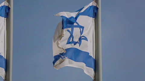 Flags of Israel flapping on strong wind Stock Footage 98042576