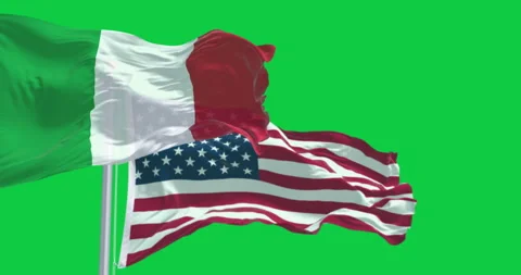Flags of Italy and US waving in the wind isolated on green background Stock Footage 340417559