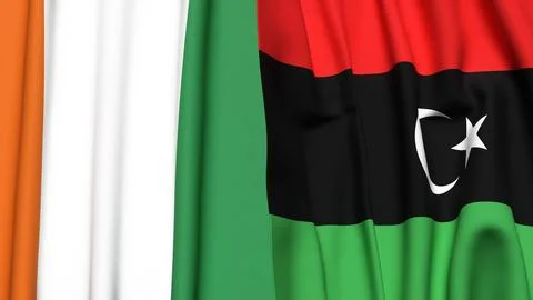 Flags of IVORY COAST and LIBYA with realistic cloth texture Stock Illustration