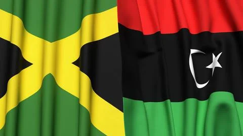 Flags of JAMAICA and LIBYA with realistic cloth texture Stock Illustration