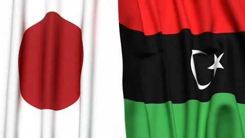 Flags of JAPAN and LIBYA with realistic cloth texture Stock Illustration