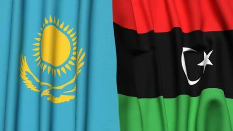 Flags of KAZAKHSTAN and LIBYA with realistic cloth texture Stock Illustration