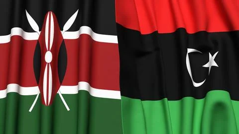 Flags of KENYA and LIBYA with realistic cloth texture Stock Illustration