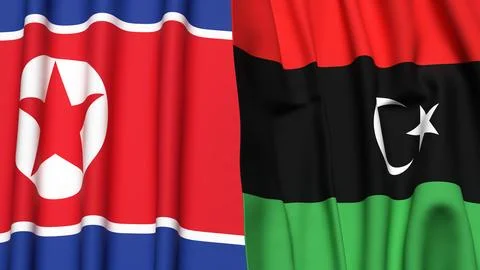 Flags of KOREA NORTH and LIBYA with realistic cloth texture Stock Illustration