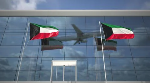 Flags of Kuwait in the airport and taking off commercial plane. 3D rendering Ilustración de archivo