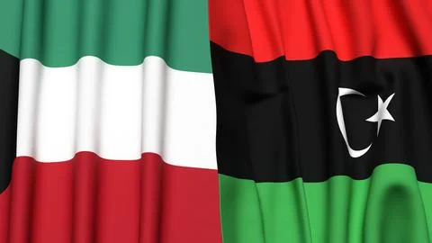 Flags of KUWAIT and LIBYA with realistic cloth texture Stock Illustration