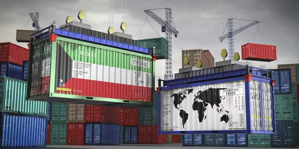 Flags of Kuwait and world map on cargo containers Stock Illustration