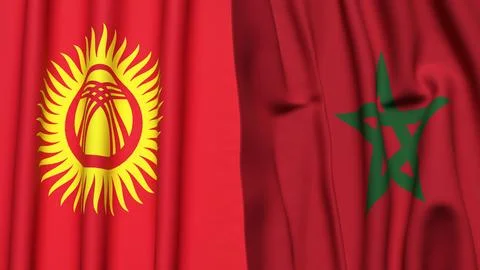 Flags of KYRGYZSTAN and MOROCCO with realistic cloth texture Stock Illustration