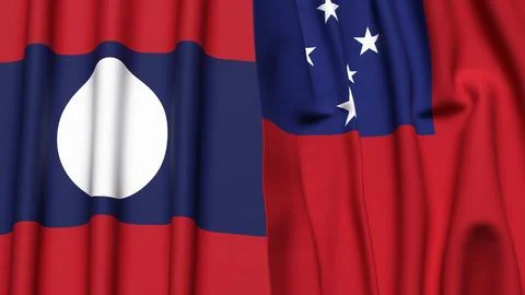 Flags of LAOS and SAMOA with realistic cloth texture Stock Photos