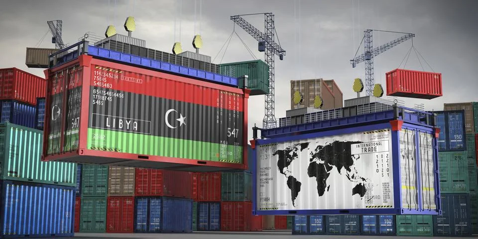 Flags of Libya and world map on cargo containers Stock Illustration