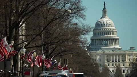 Flags Line the Street to the US Capitol on a Clear Day in DC Stock Footage 305522169