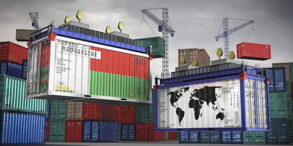 Flags of Madagascar and world map on cargo containers Stock Illustration