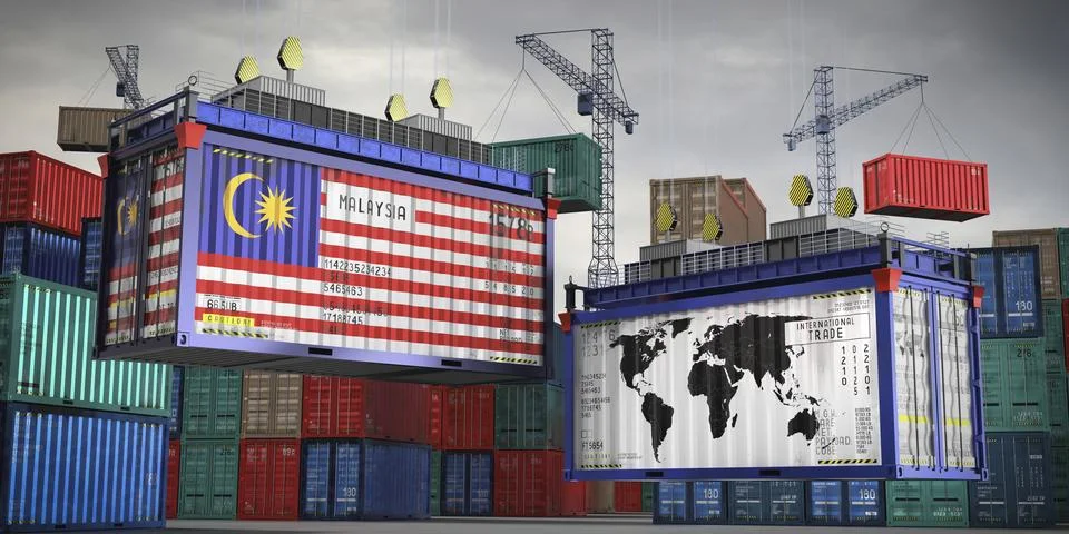 Flags of Malaysia and world map on cargo containers Stock Illustration