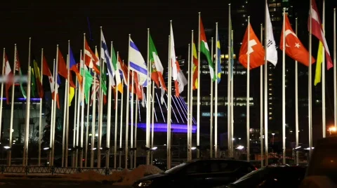 Flags of many countries flutter on flagstaffs Stock Footage 693275