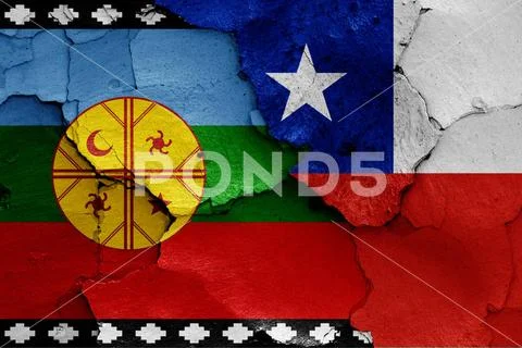 Photograph: Flags of Mapuche and Chile painted on cracked wall flags of ...