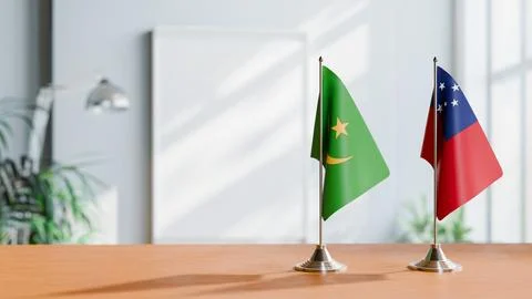 FLAGS OF MAURITANIA AND SAMOA ON TABLE Stock Photos