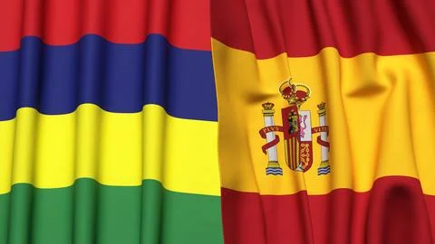 Flags of MAURITIUS and SPAIN with realistic cloth texture Illustrazione stock