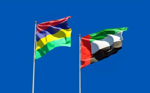 Flags of Mauritius and UAE Arab Emirates. Stock Photos