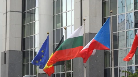 Flags of member states of EU in front of European parliament Video stock 260370348