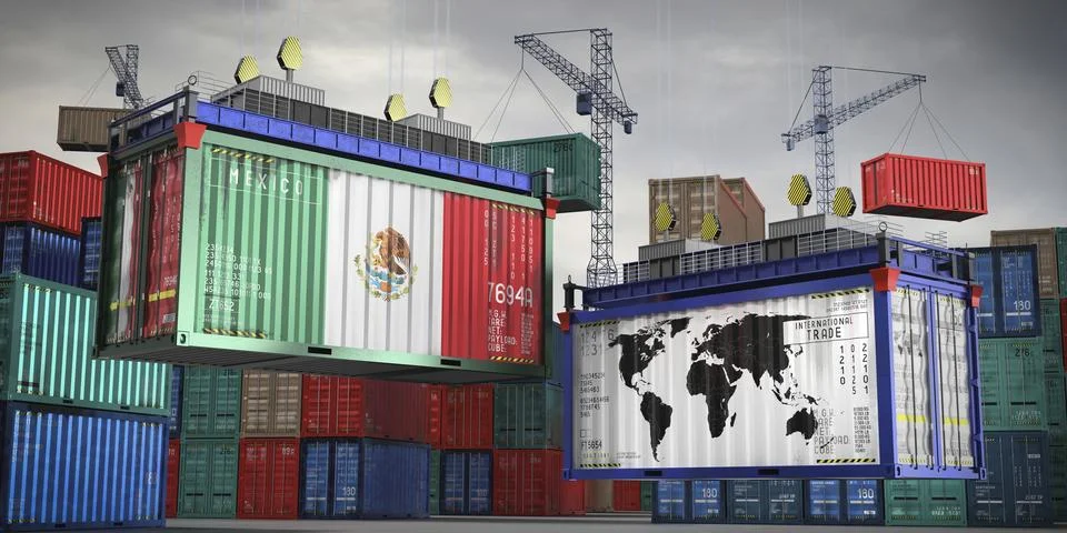 Flags of Mexico and world map on cargo containers Stock Illustration
