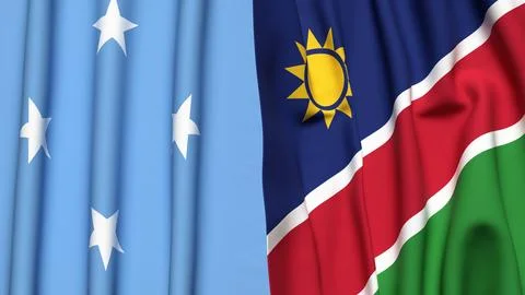 Flags of MICRONESIA and NAMIBIA with realistic cloth texture Stock Photos