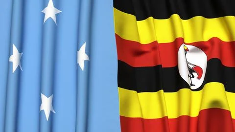 Flags of MICRONESIA and UGANDA with realistic cloth texture Stock Photos