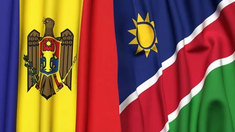 Flags of MOLDOVA and NAMIBIA with realistic cloth texture Stock Photos