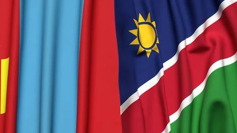 Flags of MONGOLIA and NAMIBIA with realistic cloth texture Stock Photos