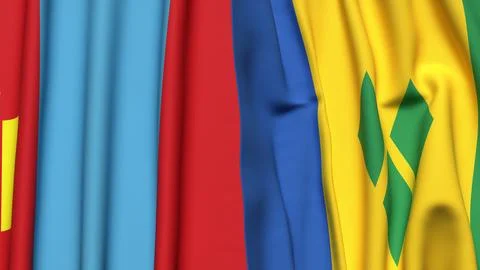Flags of MONGOLIA and SAINT VINCENT with realistic cloth texture Stock Photos