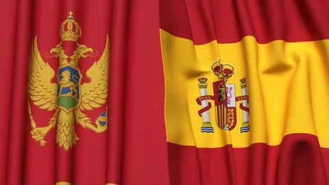 Flags of MONTENEGRO and SPAIN with realistic cloth texture Illustrazione stock