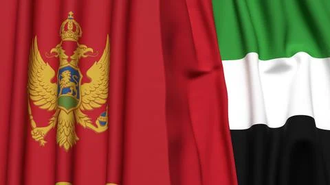 Flags of MONTENEGRO and UAE with realistic cloth texture Stock Illustration