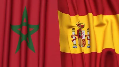 Flags of MOROCCO and SPAIN with realistic cloth texture Illustrazione stock
