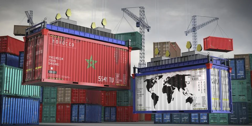 Flags of Morocco and world map on cargo containers Stock Illustration