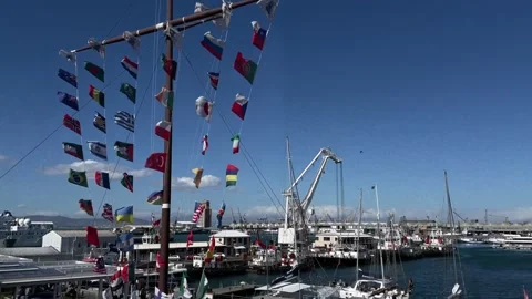 Flags moving on the wind at the Port of Cape Town Stock Footage 177536722