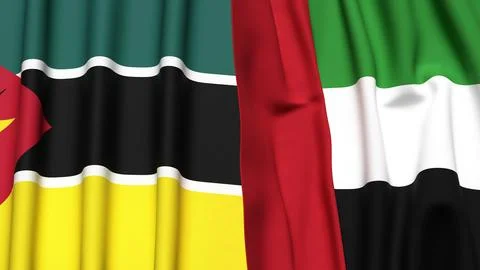 Flags of MOZAMBIQUE and UAE with realistic cloth texture Stock Illustration