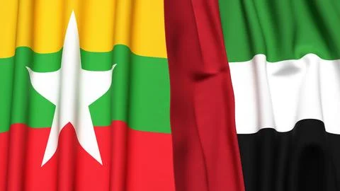 Flags of Myanmar and UAE with realistic cloth texture Stock Illustration