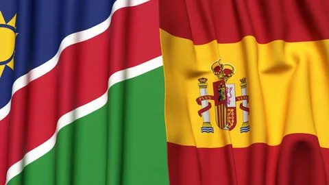 Flags of NAMIBIA and SPAIN with realistic cloth texture Illustrazione stock