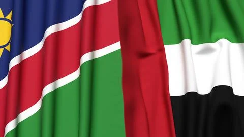 Flags of NAMIBIA and UAE with realistic cloth texture Stock Illustration