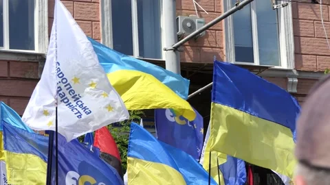 Flags, national flags, party flags, pennants, emblems, posters - for protests. Stock Footage 134161489